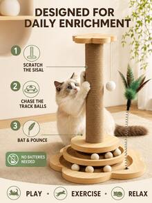 1pc 4-In-1 Natural Sisal Rope Cat Scratching Post With Sturdy Wooden Base, Modern Anti-Tip Cat Activity Center With Interactive Ball Track And Toys, Furniture Protector, Indoor Puzzle Toy For Kittens And Adult Cats - Multicolor - View 10