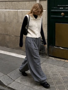 Women's Autumn/Winter Fuzzy Knit Cardigan Vest With Lapel Collar, Minimalist Casual Versatile Top - White - View 3