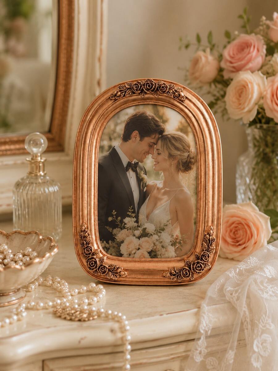 Ornate Oval Picture Frame, Single Vintage-Inspired Rose Gold Resin Photo Frame With Raised Flower Embellishments, Romantic Decor For Wedding Photos, Portraits, Dresser, Mantel And Gift Giving - Classic - View 1