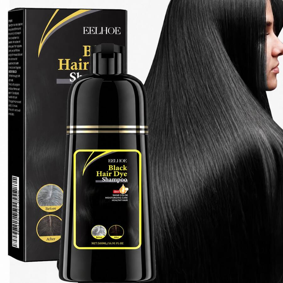 EELHOE 500ml Black Hair Dye Shampoo 3-In-1 - Ammonia-Free Natural Herbal Formula With Polygonum Multiflorum & Ginger, Moisturizing & Long-Lasting - Unisex 16.90oz, Instant Dissolve For Christmas/New Year Gifts - 黑色 - 查看 1