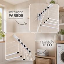 Varal de teto aço branco grande 100cm x 38cm 15kg 5 varetas resistente reforçado + kit de instalação - A - Visão 4