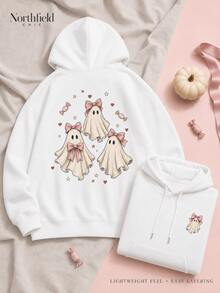 Women's Cute Ghost Pattern Hoodie,With Cute Bow,Suitable For Halloween,Autumn Outing,Party And Everyday Wear. - 白色 - 查看 1