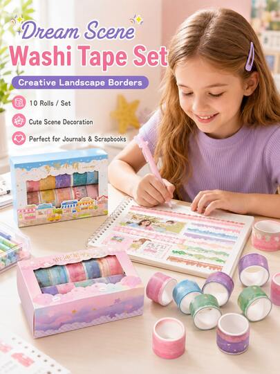 10 Rolls Dreamy Cloud Washi Tape Set, Cute Border Sticker Tapes For Journaling, Scrapbook Supplies, DIY Collage Crafts, Kids & Girls