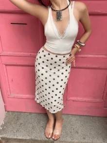 Buzzelle Polka Dot Print Dogtooth Frill Trim Double Layer Mesh Skirt, Fashion Casual Versatile - Apricot - View 3