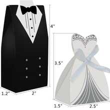 2 Set (Masing-masing 50 pcs) Gaun Pesta Pernikahan, Jas Ekor, Pengantin Wanita, dan Kotak Permen - Hitam dan Putih - View 2