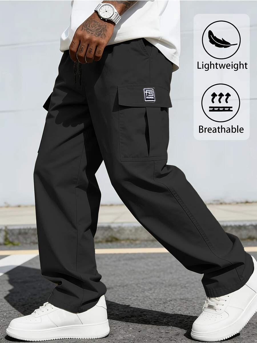 Drawstring Elastic Waist Large Pocket Mid-Length Cargo Shorts, Suitable For Daily Wear And Sports, Black, Autumn - Black - View 1