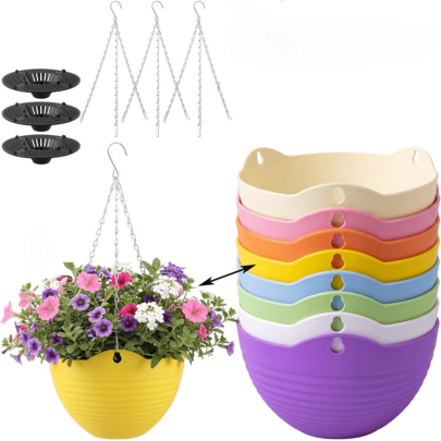 7-Color Set Self-Watering Hanging Planters, Indoor/Outdoor Garden Flower Plant Pots With Drainage And Hanging Chain