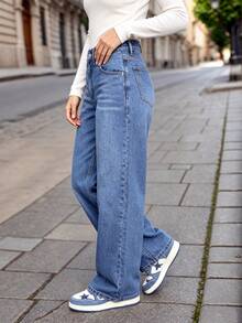 Teen Girls' Navy Blue Casual Cat Whisker Straight Leg Jeans - Medium Wash - View 5