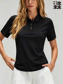 mulinsen 女款純色 Polo 領短袖襯衫，運動休閒日常夏季長袖上衣 - 深空黑 - 查看 5