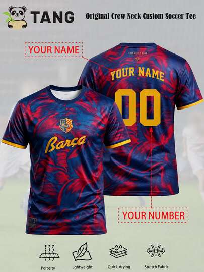 Barcelona Style Customized Men's Football Jersey & Customizable Name & Number & Round Neck Soft Lightweight Sports Top & Training, Casual, Gift