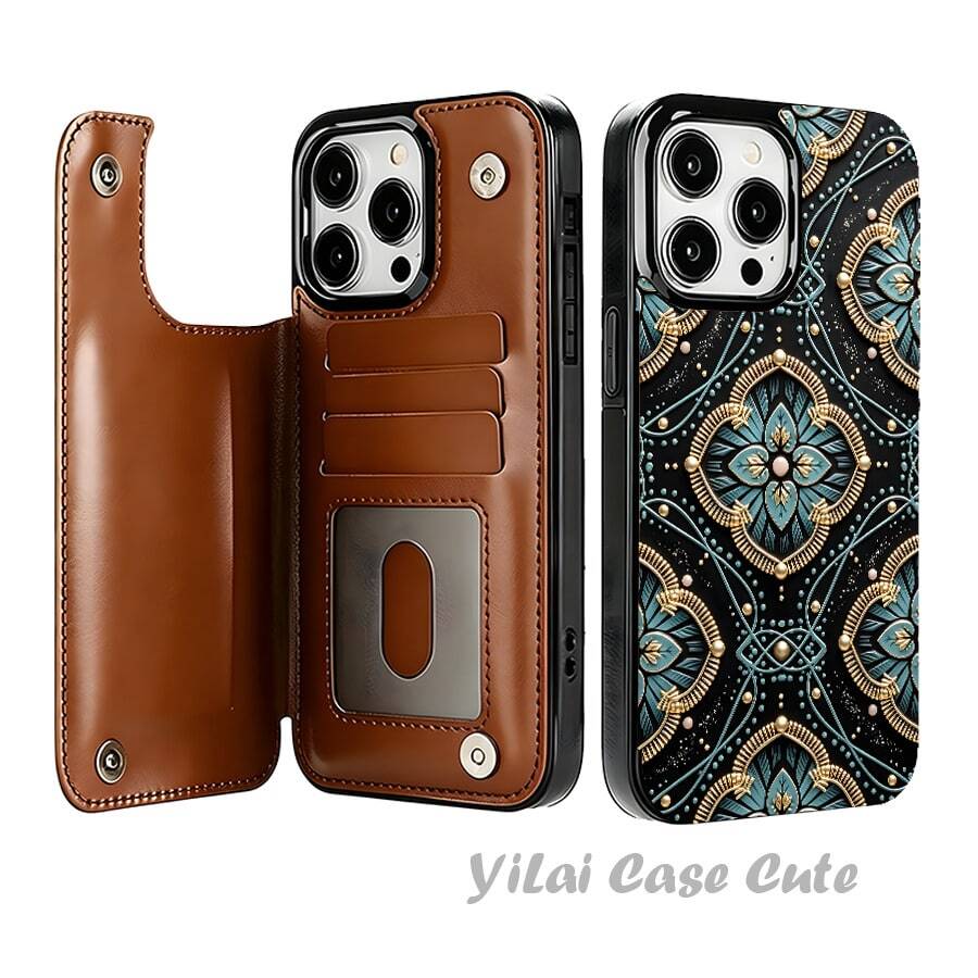 4350[2D Print] Luxury Dark Filigree Printed Phone Case, Flip Wallet Phone Case with 3 Card Slots, You Can Insert Credit Card Cash, Hand-stitched with High Quality For phone 17 Pro Max/17 Pro/17 Air/16 Pro Max/16 Pro/15 Pro/15 Plus/14 Pro Max/13/12/11 Viral Fashion - Braun - Übersicht 1