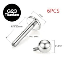6pcs G23 Titanium Alloy 16G Flat Head Ball Studs, Lip Studs, Tongue Studs, Cartilage Studs, Unisex Body Piercing Jewelry - Silver - View 7