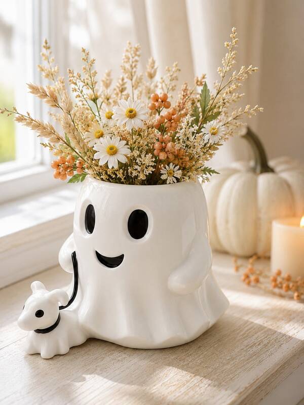 1pc Cute Ghost Planter With Mini Dog Figurine, White Resin Halloween Flower Pot And Succulent Plant Holder, Spooky Season Desktop Decor, Suitable For Living Room, Bedroom, Office, Bookshelf, Fireplace Mantel And Entryway, Autumn Home Decor, Gift For Ghost And Dog Lovers
