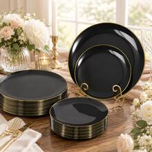 2/12/25/50pcs Set 7.5 Inch Dessert Plates And 10.25 Inch Dinner Plates, Black Gold Rim Plates, Suitable For Weddings, Anniversaries And Celebration Party Tableware - Black - View 7