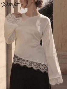 女款優雅蕾絲拼接不對稱下擺長袖襯衫，適合春夏季，白色 - 白色 - 查看 3