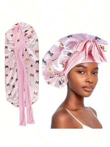 Butterfly Print Colorful Cute Women's Long Satin Faux Silk Bow Sleep Cap, Large Braided Curly Hair Sleeping Cap, Suitable For Sleeping, Daily Beauty Use, Back To School Essential - Multicolor - View 11