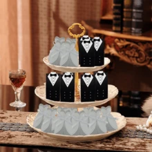 2 Set (Masing-masing 50 pcs) Gaun Pesta Pernikahan, Jas Ekor, Pengantin Wanita, dan Kotak Permen - Hitam dan Putih - View 10