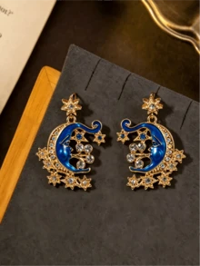 Set Kalung, Bros, dan Anting-Anting Biru Bertatahkan Berlian Imitasi Vintage dengan Motif Matahari, Bulan, dan Bintang, Cocok untuk Pemakaian Sehari-hari, Hadiah, atau Aksesori Tari - subang - View 1
