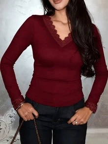 Autumn Gothic Women Clothes Black Tops Casual Fall Outfits Women Black Lace Long Sleeeve Tops Going Out Outfit - Burgundy - View 2