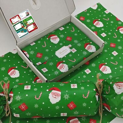40/90/140pcs Green Background Santa Claus Pattern Thin Paper-Includes Christmas Stickers, Suitable For Christmas Decoration, Weddings, Thanksgiving, Birthday Gift Packaging, Bouquet Packaging, Gift Bag Filler, And Party Favors