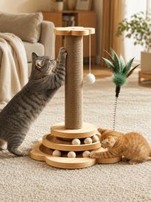 1pc 4-In-1 Natural Sisal Rope Cat Scratching Post With Sturdy Wooden Base, Modern Anti-Tip Cat Activity Center With Interactive Ball Track And Toys, Furniture Protector, Indoor Puzzle Toy For Kittens And Adult Cats - Multicolor - View 12