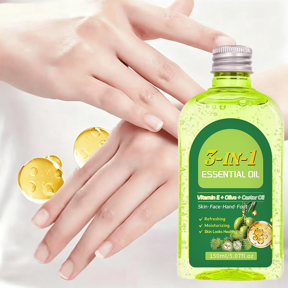 Minyak Perawatan Kulit 3-in-1, Diperkaya dengan Vitamin E + Minyak Zaitun + Minyak Jarak dan Bahan Lainnya, Menutrisi Kulit Tubuh Secara Mendalam dan Mengunci Kelembapan, Menjaga Kulit Tetap Lembut dan Halus, Ucapkan Selamat Tinggal pada Kulit Kering, Cocok untuk Berbagai Jenis Kulit 150ML
