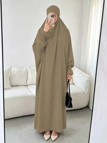 1pc Solid Color Muslim Leg-Of-Gigot Sleeve Cuff Design Hijab Series Abaya, Suitable For Daily Prayer, Minimalist And Lightweight - Multicolor - View 13