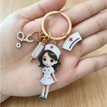 2D Flat Nurse Theme Keychain, Cute Cartoon Nurse Design With Stethoscope And Red Cross Pattern, Durable Alloy Material, Suitable For Backpack, Car Keys, Wallet, Ideal Gift Accessory For Medical Professionals, Christmas Gift - A - View 9