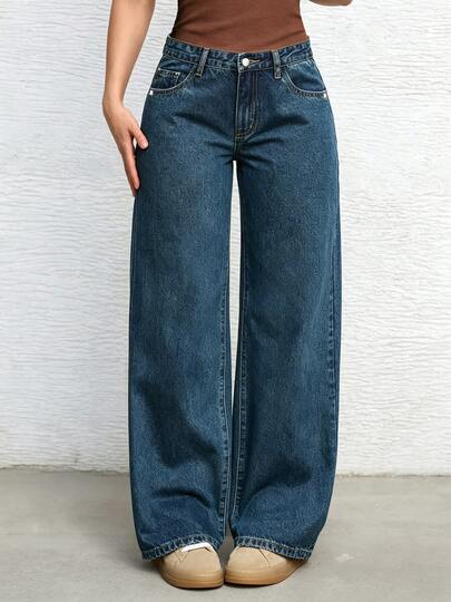 European And American Teen Girls Loose Straight Leg Denim Jeans, Mid-Waist Hip-Covering Snug Fit American Retro Style, All-Season Casual Fashion Fit, Vintage Blue Distressed Washed Denim Fabric, Suitable For School, Shopping, Outings, Back To School, Daily Wear, Soft And Comfortable, Also Suitable For Autumn/Winter Parties, Holidays And Streetwear
