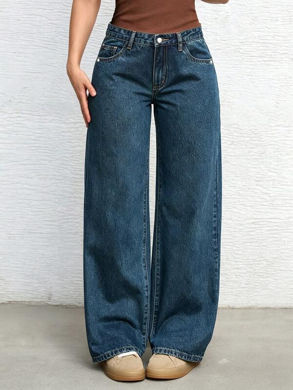 European And American Teen Girls Loose Straight Leg Denim Jeans, Mid-Waist Hip-Covering Snug Fit American Retro Style, All-Season Casual Fashion Fit, Vintage Blue Distressed Washed Denim Fabric, Suitable For School, Shopping, Outings, Back To School, Daily Wear, Soft And Comfortable, Also Suitable For Autumn/Winter Parties, Holidays And Streetwear