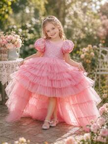 KAFEIBEI Young Girls Elegant Sequin Flower Girl Dress, Layered Tulle High-Low Princess Gown For Wedding, Birthday Party, Pageant & Formal Events - Dusty Pink - View 1