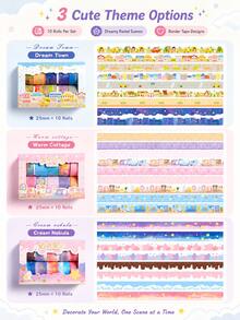 10 Rolls Dreamy Cloud Washi Tape Set, Cute Border Sticker Tapes For Journaling, Scrapbook Supplies, DIY Collage Crafts, Kids & Girls - Multicolor - View 3
