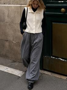 Women's Autumn/Winter Fuzzy Knit Cardigan Vest With Lapel Collar, Minimalist Casual Versatile Top - White - View 1