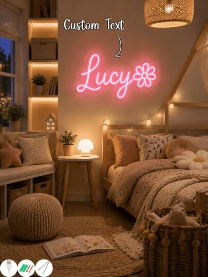 لافتة نيون مخصصة باسمك بتصميم زهور وردية، إضاءة LED مضيئة، ديكور جداري زهري لغرفة البنات والنوم والحضانة، هدية عيد ميلاد وحفلات