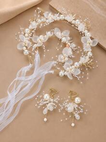 4pcs Floral Bridal Hair Accessories And Clip Earrings Set, Organza Ribbon Tassel Pearl Flower Wedding Headband, Elegant Bridal Hair Accessory Set - Multicolor - View 9