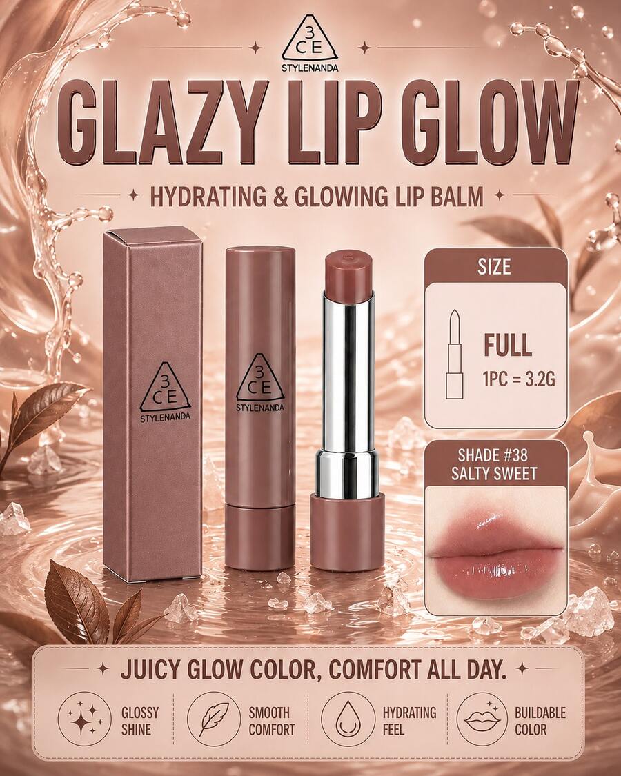 Lipstik 3CE #38 SALTY SWEET 3.2g: Hasil akhir bening dan mengkilap, halus dan tidak lengket. Pengaplikasian tipis menciptakan tampilan alami, seperti tanpa riasan, dan mencerahkan warna dasar kekuningan.
