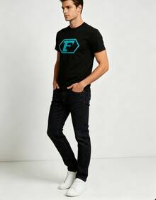 Men's T-Shirt With F Letter Hexagon Print, Teal Geometric Logo, Casual Streetwear Style Graphic Tee, Urban Fashion, Casual Gift Idea For Men - Black - View 2