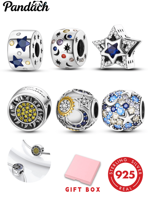 1pc S925 Sterling Silver Starry Sky Moon & Star Hollow Bead, Sun Moon & Five-Point Star Dual-Color Inlaid Cubic Zirconia Design, Multiple Styles Dreamy Universe Embossed, Comes With Gift Box, Fits Basic Snake Chain Bracelet, Suitable For Handmade DIY Jewelry Making & Romantic Starry Sky Theme Gifts
