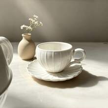 1/6pcs 90ml Vintage Embossed Pumpkin Ceramic Cup & Saucer Set, Cream White Aesthetic Coffee Cups, Home Breakfast Tableware - White - View 11