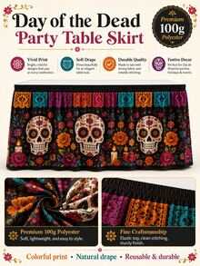 1pc Day Of The Dead Table Skirt, Black Background With Colorful Sugar Skull, Marigold And Paper Cutout Patterns, Elastic Edge Full Coverage Tablecloth Decoration, Suitable For Dessert Table, Day Of The Dead Party, Halloween Decoration, Room Decoration And Home Decor - Multicolor - View 8