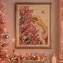 Set Of 1 Pink Christmas Tree Canvas Wall Art | Vintage Glam Holiday Decor With Disco Balls For Living Room Bedroom Frameless/Framed - A - View 1