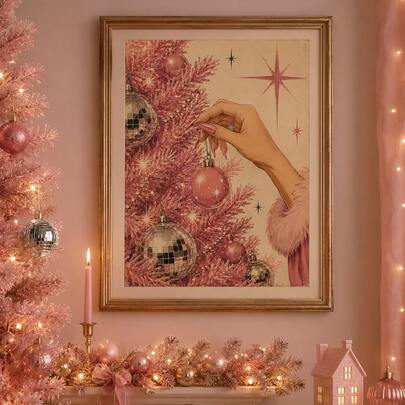 Set med 1 rosa julgransdukarväggkonst | Vintage glamourig juldekoration med discobollar för vardagsrum och sovrum, ramlös/inramad