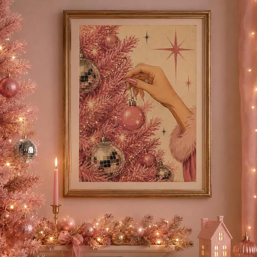 Set Of 1 Pink Christmas Tree Canvas Wall Art | Vintage Glam Holiday Decor With Disco Balls For Living Room Bedroom Frameless/Framed - A - View 1
