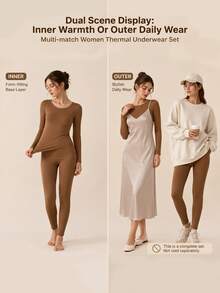 2pcs/Set Women Seamless Thermal Underwear Set Shapewear Body Sculpting Slimming Base Layer Long Sleeve Top & Pants Ultra Thin Warm Loungewear Home Wear Casual Outfit, Invisible Comfortable Stretchy Innerwear Skin Friendly Daily Wear For Fall Winter - Chocolate Brown - View 10