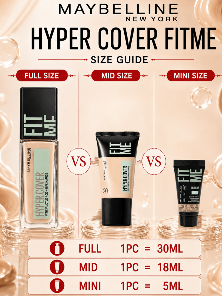 Maybelline Fit Me Foundation Flawless 201, Full Size 30ml, Travel Size 18ml, Sample 5ml, Lightweight And Seamless Texture, High Coverage, Long-Lasting Wear, Non-Dulling, Olive White - Customized Flawless Foundation 201 - View 4