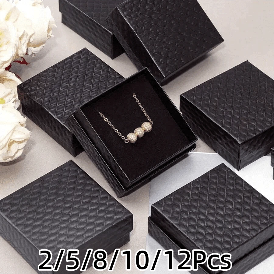 2/5/8/10/12Pcs-Jewelry Box, Diamond Pattern Jewelry Packaging Box, Silver Necklace Box, Ring & Earring Storage Box, Black Plaid Small Box - Multicolor - View 1