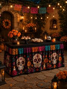 1pc Day Of The Dead Table Skirt, Black Background With Colorful Sugar Skull, Marigold And Paper Cutout Patterns, Elastic Edge Full Coverage Tablecloth Decoration, Suitable For Dessert Table, Day Of The Dead Party, Halloween Decoration, Room Decoration And Home Decor - Multicolor - View 6