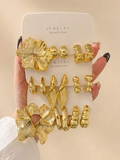 18/6pcs Fashion Vintage Creative Leaf Earrings Set, Leaf, Half Flower, Water Drop Gold Stud Earrings, Suitable For Women's Daily Wear