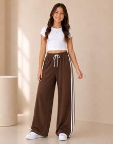 Calça Wide Leg Juvenil Preta com Duas Listras Laterais e Cós Elástico - Marrom - Visão 5