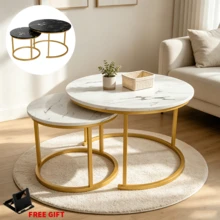 Round Coffee Table Nesting Table Set Of 2, Side Table With 1X Mobile Phone Holder For Living Room, Multi-Functional Side Table, Metal Frame With Wood Sofa Table, Stacking Side Table For Bedroom, Balcony - White - View 2